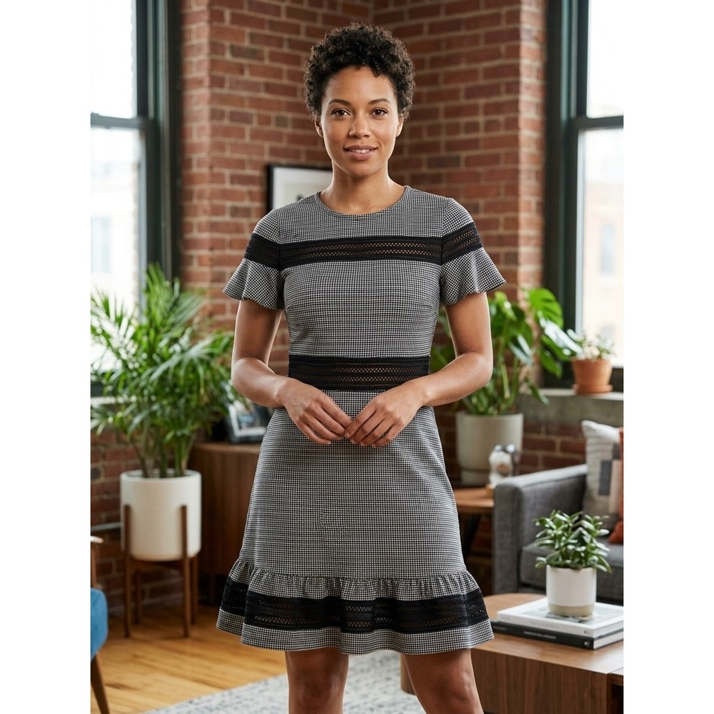 Michael Kors Houndstooth Lace Trim Fit Flare Dress P/S Black White PB98ZM9E3A